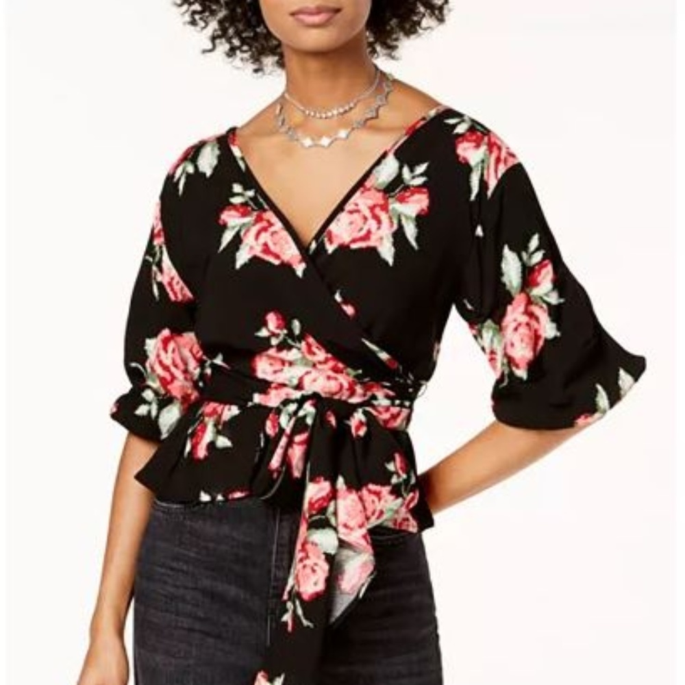 The Edit Juniors' Floral-Print Wrap Top-M New